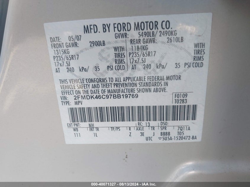 2007 Ford Edge Se VIN: 2FMDK46C97BB19769 Lot: 40071327