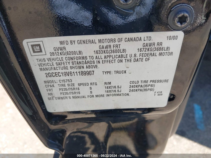 2001 Chevrolet Silverado 1500 Ls VIN: 2GCEC19V611189907 Lot: 40071365