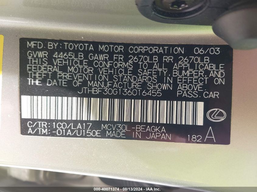 2003 Lexus Es 300 300 VIN: JTHBF30G136016455 Lot: 40071374