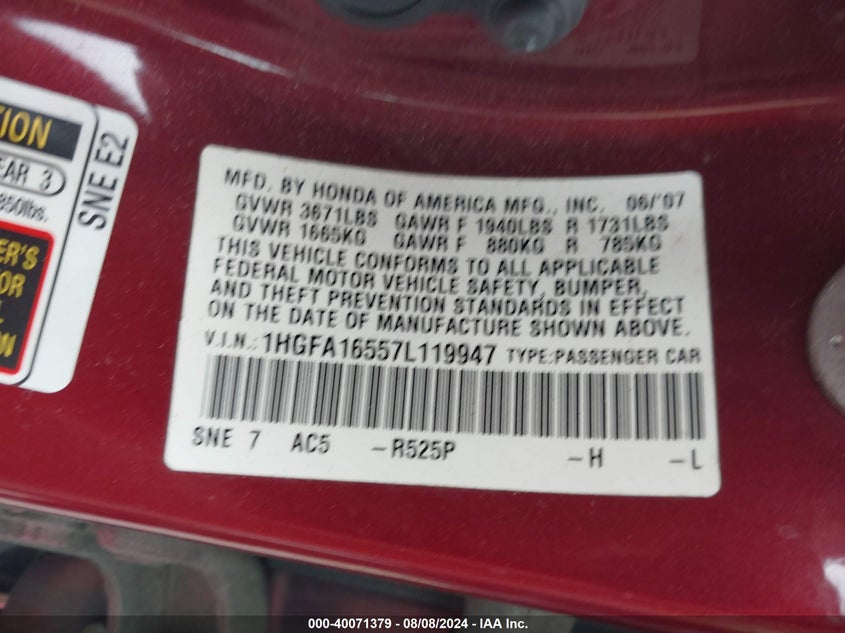 2007 Honda Civic Lx VIN: 1HGFA16557L119947 Lot: 40071379