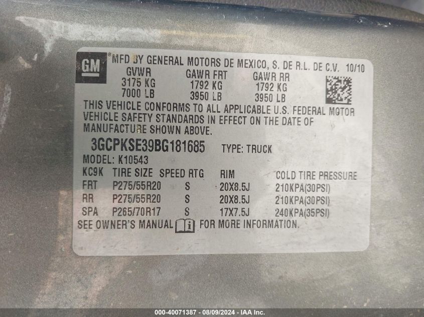 2011 Chevrolet Silverado 1500 Lt VIN: 3GCPKSE39BG181685 Lot: 40071387