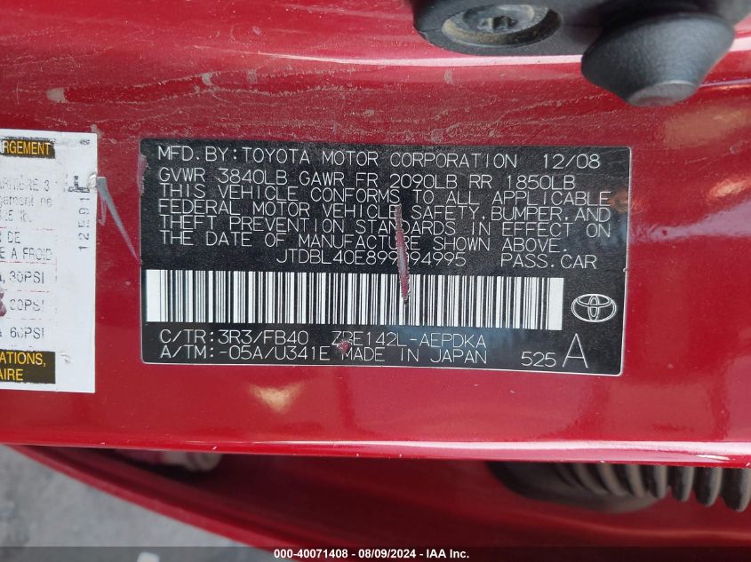 2009 Toyota Corolla Le VIN: JTDBL40E899094995 Lot: 40071408