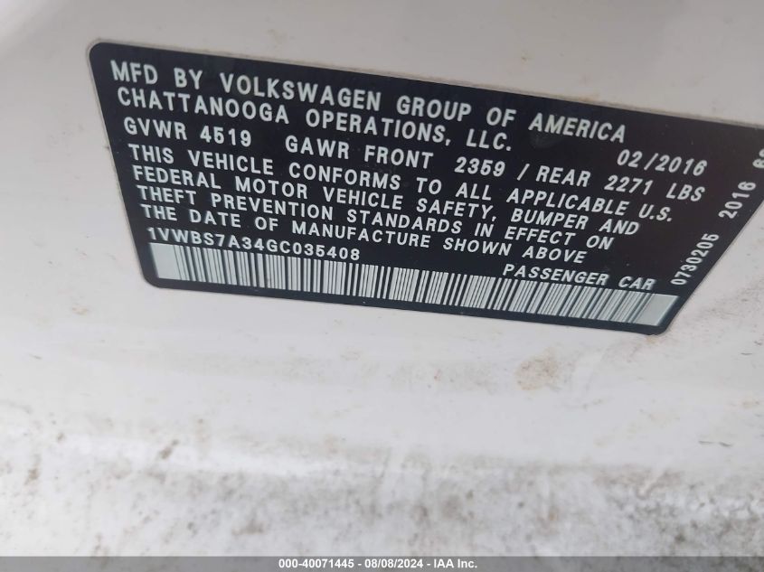 2016 Volkswagen Passat 1.8T Se VIN: 1VWBS7A34GC035408 Lot: 40071445
