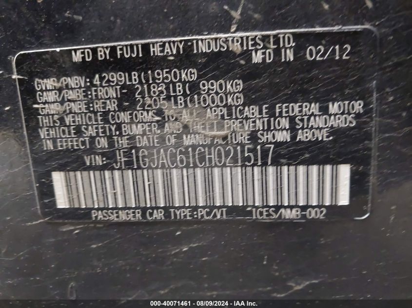 2012 Subaru Impreza 2.0I Premium VIN: JF1GJAC61CH021517 Lot: 40071461