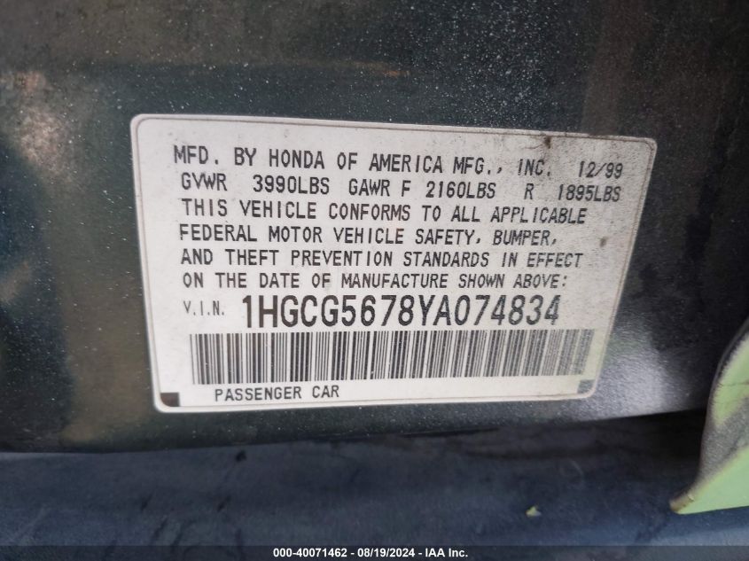 1HGCG5678YA074834 2000 Honda Accord 2.3 Se