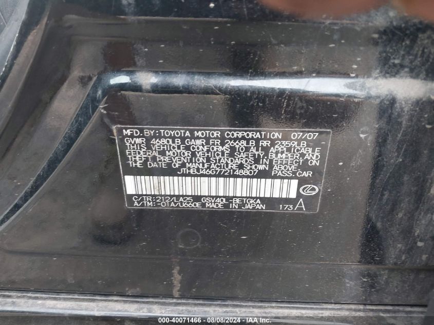 2007 Lexus Es 350 VIN: JTHBJ46G772148807 Lot: 40071466