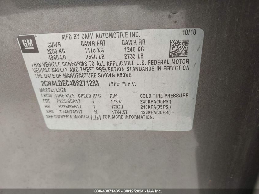 2011 Chevrolet Equinox 1Lt VIN: 2CNALDEC4B6271283 Lot: 40071485