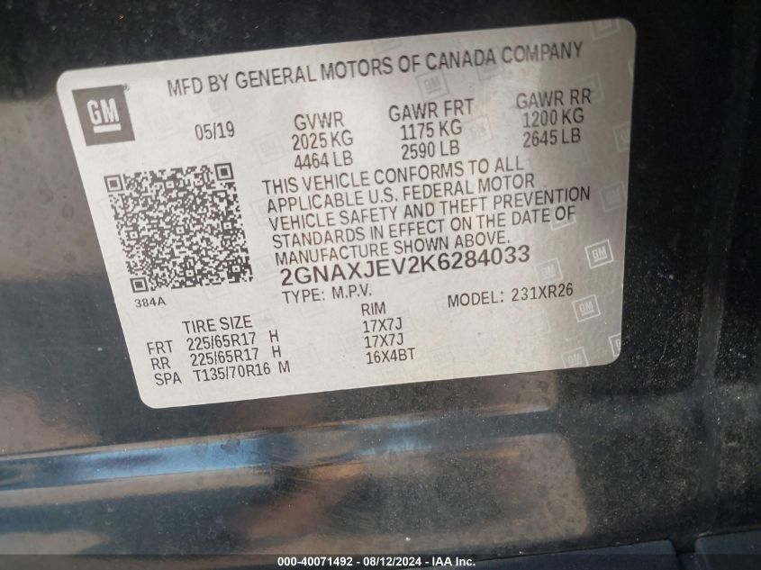 VIN 2GNAXJEV2K6284033 2019 Chevrolet Equinox, LT no.9