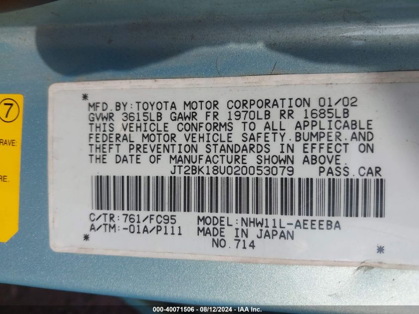 2002 Toyota Prius VIN: JT2BK18U020053079 Lot: 40071506