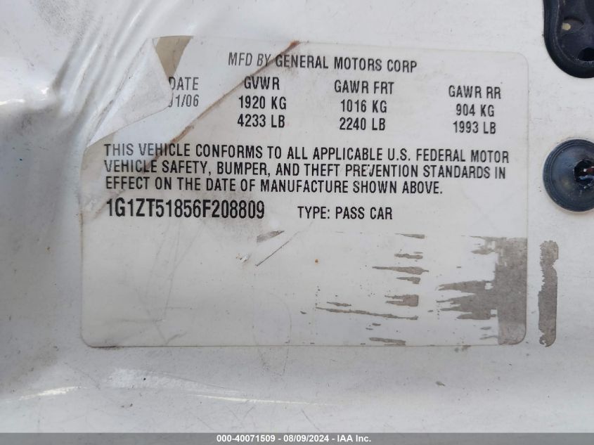 2006 Chevrolet Malibu Lt VIN: 1G1ZT51856F208809 Lot: 40071509