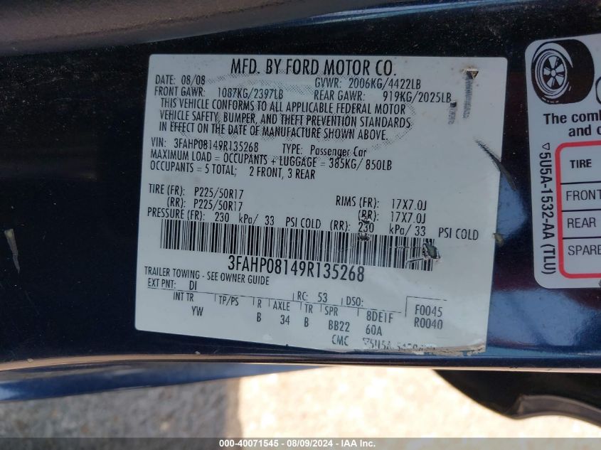 2009 Ford Fusion Sel VIN: 3FAHP08149R135268 Lot: 40071545