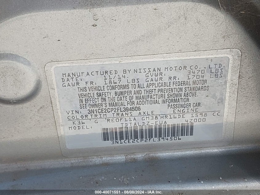 2015 Nissan Versa Note S (Sr)/S Plus/Sl/Sr/Sv VIN: 3N1CE2CP2FL394506 Lot: 40071551