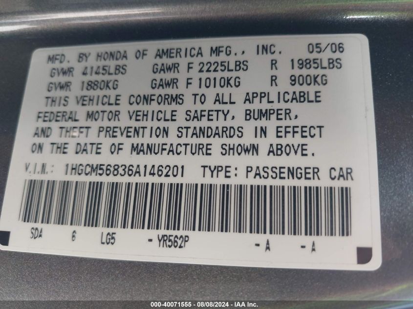 2006 Honda Accord Ex VIN: 1HGCM56836A146201 Lot: 40071555