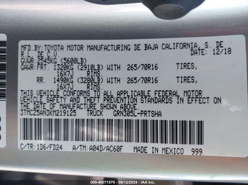2019 Toyota Tacoma Trd Off Road VIN: 3TMCZ5AN3KM219125 Lot: 40071570