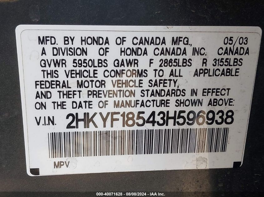 2003 Honda Pilot Ex-L VIN: 2HKYF18543H596938 Lot: 40071628