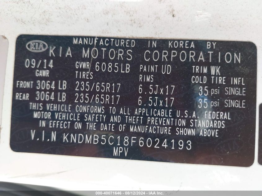 2015 Kia Sedona Lx VIN: KNDMB5C18F6024193 Lot: 40071646