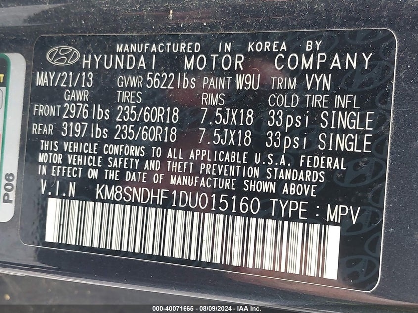 2013 Hyundai Santa Fe Gls VIN: KM8SNDHF1DU015160 Lot: 40071665