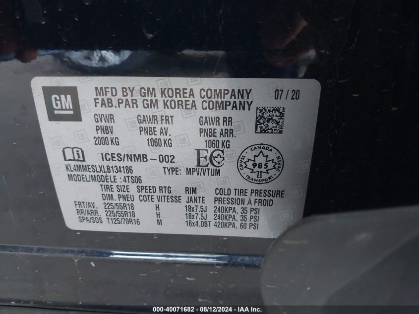 2020 Buick Encore Gx Awd Select VIN: KL4MMESLXLB134186 Lot: 40071682