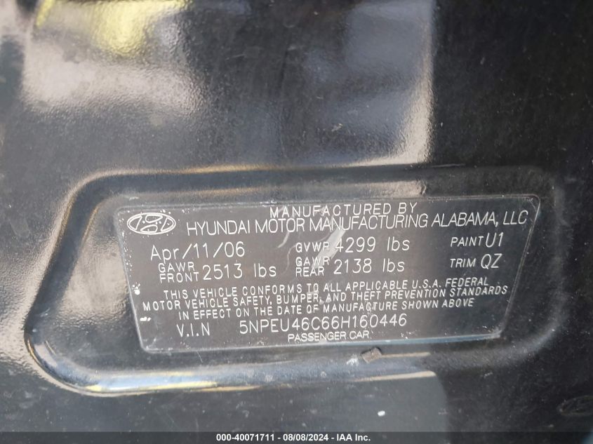 2006 Hyundai Sonata Gls VIN: 5NPEU46C66H160446 Lot: 40071711