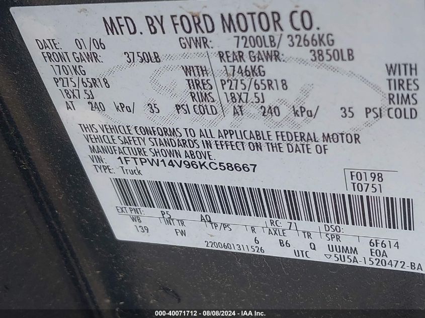 2006 Ford F-150 Fx4/Lariat/Xlt VIN: 1FTPW14V96KC58667 Lot: 40071712