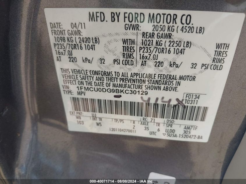 2011 Ford Escape Xlt VIN: 1FMCU0DG9BKC30129 Lot: 40071714