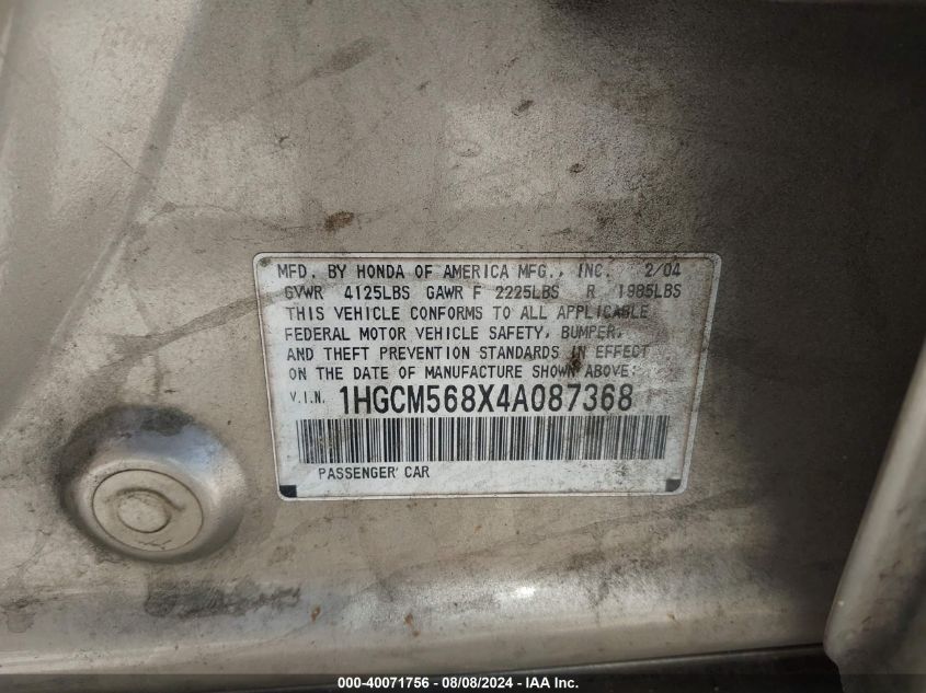 2004 Honda Accord 2.4 Ex VIN: 1HGCM568X4A087368 Lot: 43232517