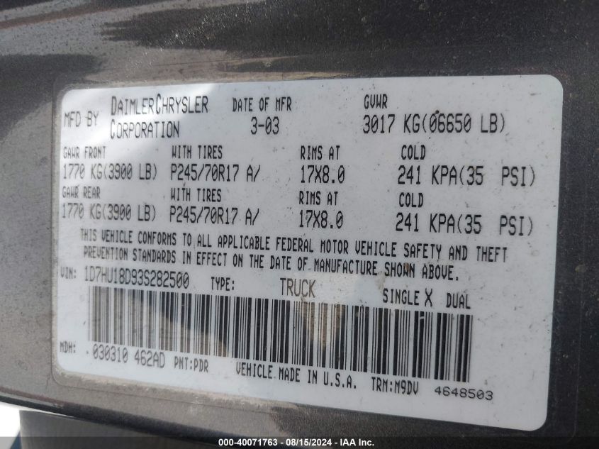 2003 Dodge Ram 1500 Slt/Laramie/St VIN: 1D7HU18D93S282500 Lot: 40071763