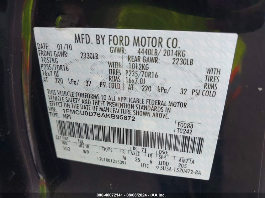 2010 Ford Escape Xlt VIN: 1FMCU0D76AKB95872 Lot: 40072141