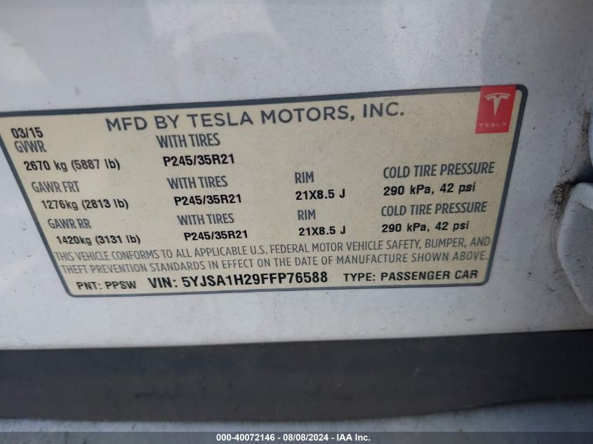 2015 Tesla Model S 70D/85D/P85D VIN: 5YJSA1H29FFP76588 Lot: 40072146