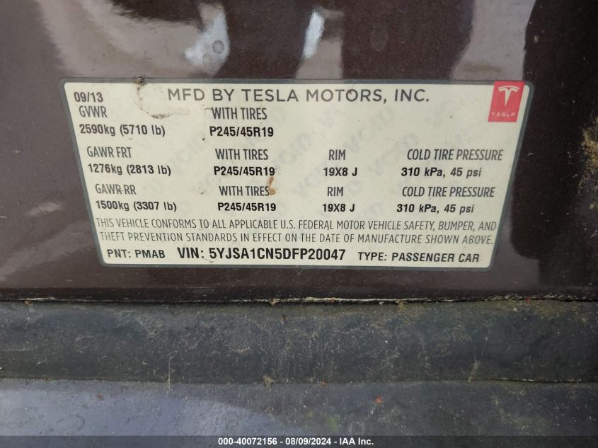 2013 Tesla Model S VIN: 5YJSA1CN5DFP20047 Lot: 40072156