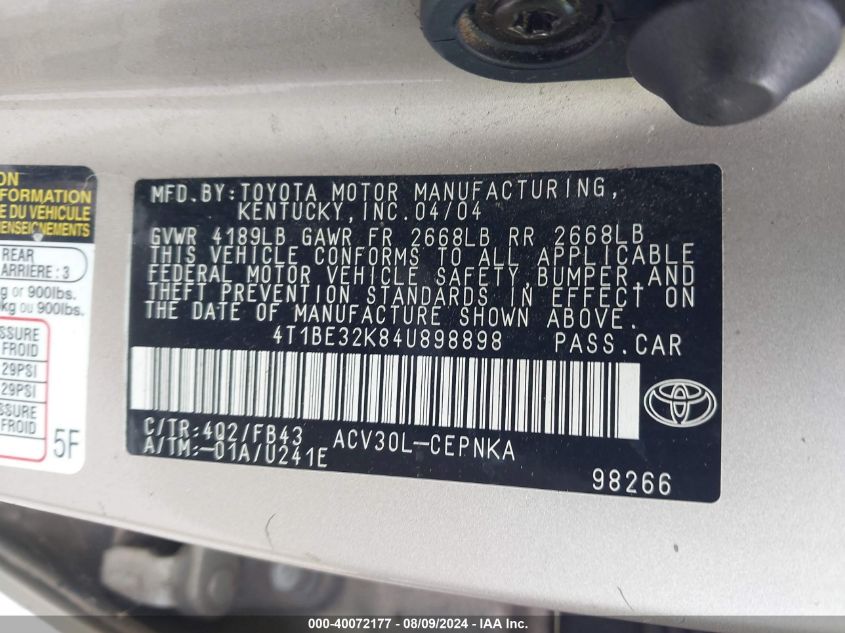 2004 Toyota Camry Le VIN: 4T1BE32K84U898898 Lot: 40072177