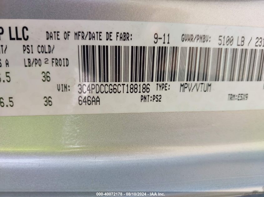 2012 Dodge Journey Sxt Crew VIN: 3C4PDCCG6CT188186 Lot: 40072178