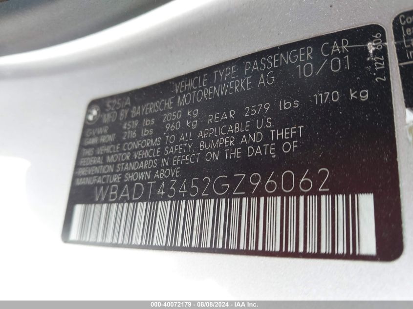 2002 BMW 525Ia VIN: WBADT43452GZ96062 Lot: 40072179