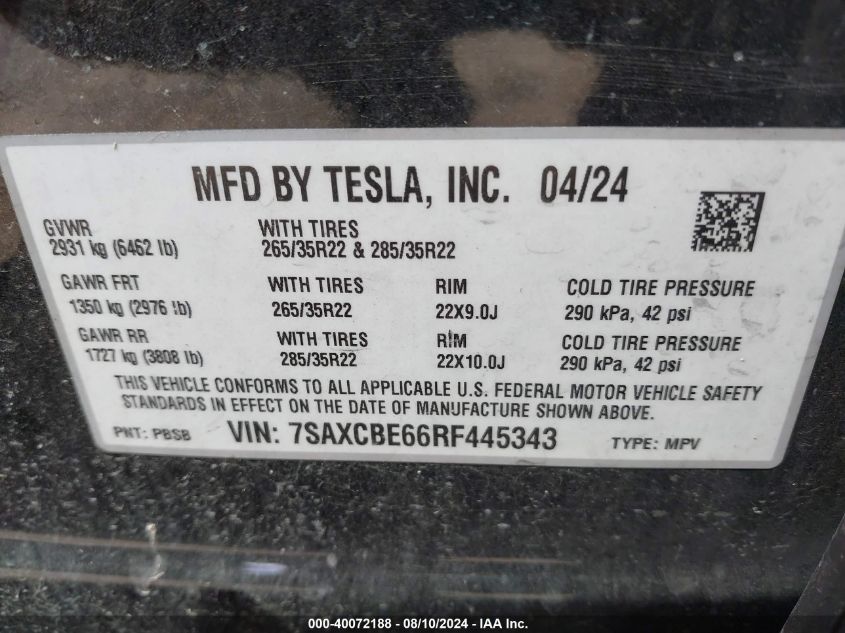 2024 Tesla Model X Plaid Tri Motor All-Wheel Drive VIN: 7SAXCBE66RF445343 Lot: 40072188