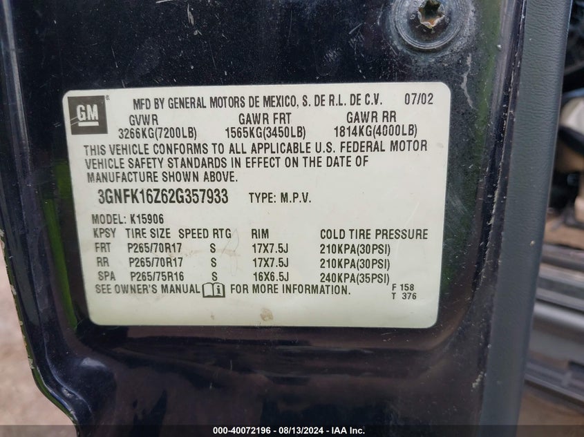 2002 Chevrolet Suburban 1500 Z71 VIN: 3GNFK16Z62G357933 Lot: 40072196