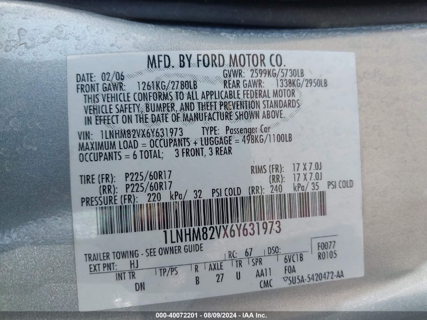 2006 Lincoln Town Car Signature Limited VIN: 1LNHM82VX6Y631973 Lot: 40072201