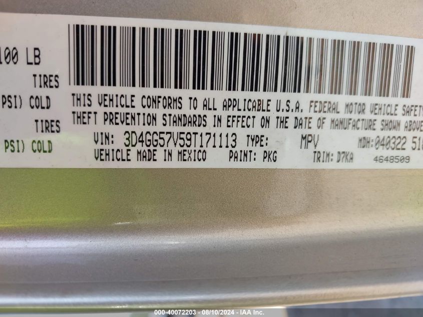 2009 Dodge Journey Sxt VIN: 3D4GG57V59T171113 Lot: 40072203