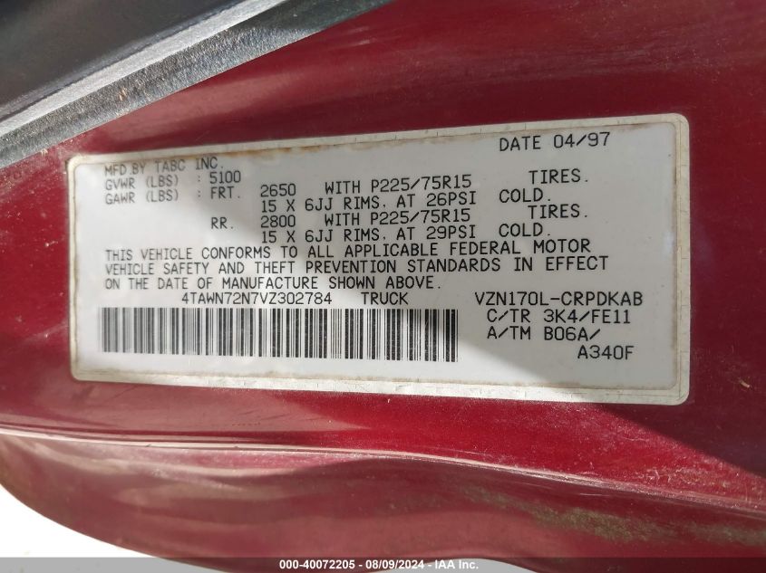 1997 Toyota Tacoma Base V6 VIN: 4TAWN72N7VZ302784 Lot: 40072205