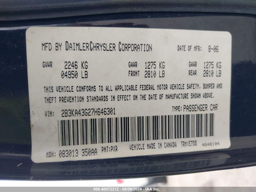 2007 Dodge Charger VIN: 2B3KA43G27H646301 Lot: 40072212