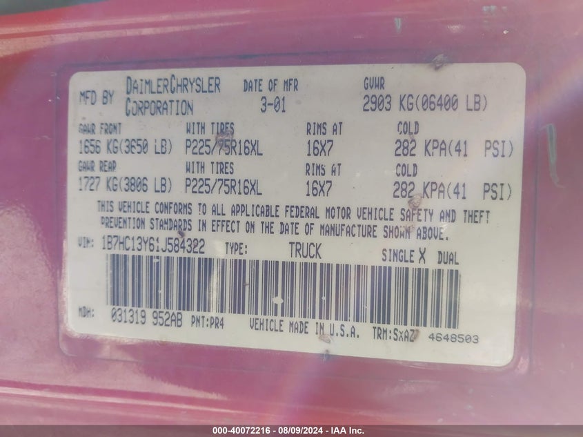 2001 Dodge Ram 1500 St VIN: 1B7HC13Y61J584322 Lot: 40072216