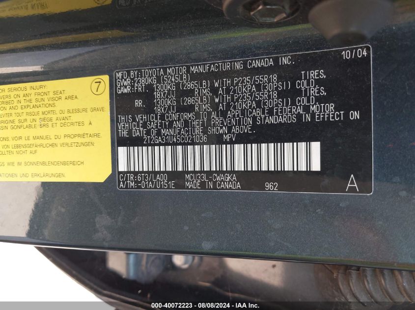 2005 Lexus Rx 330 VIN: 2T2GA31U45C021036 Lot: 40072223