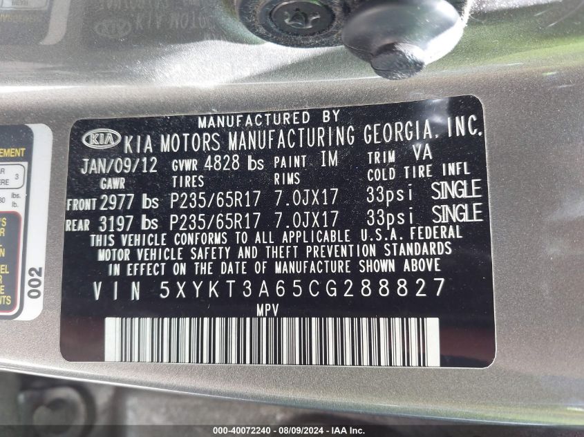 2012 Kia Sorento Lx VIN: 5XYKT3A65CG288827 Lot: 40072240