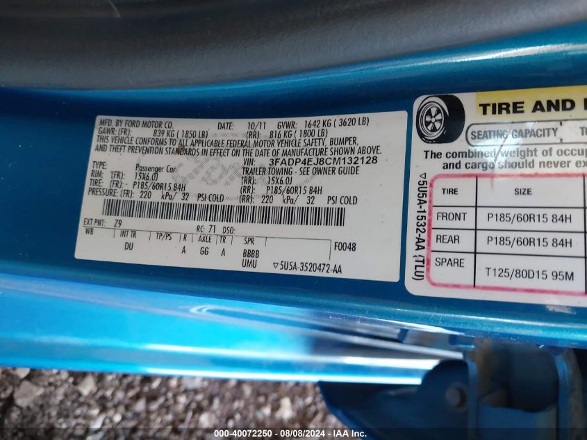 2012 Ford Fiesta Se VIN: 3FADP4EJ8CM132128 Lot: 40072250