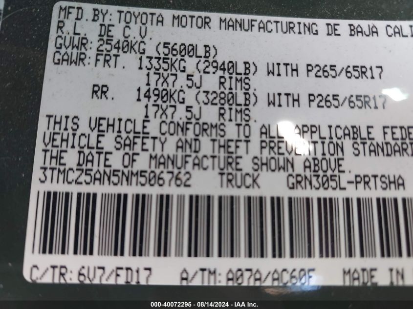 3TMCZ5AN5NM506762 2022 Toyota Tacoma Trd Sport