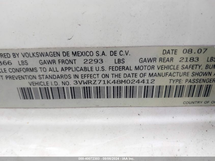 2008 Volkswagen Jetta Se VIN: 3VWRZ71K48M024412 Lot: 40072303