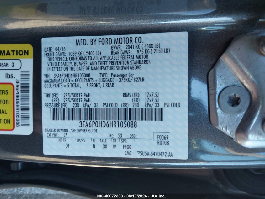 2017 FORD FUSION SE - 3FA6P0HDHHR105088