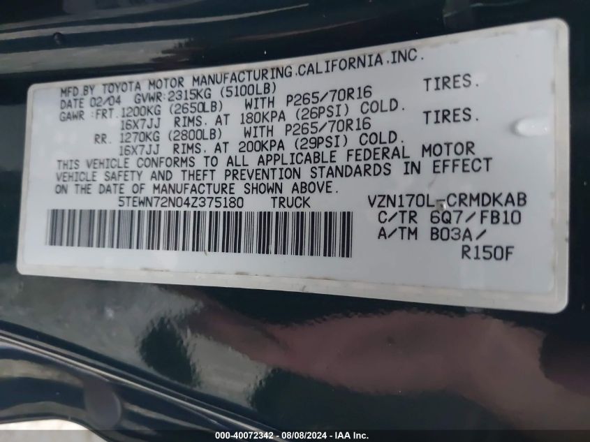 2004 Toyota Tacoma Base V6 VIN: 5TEWN72N04Z375180 Lot: 40072342