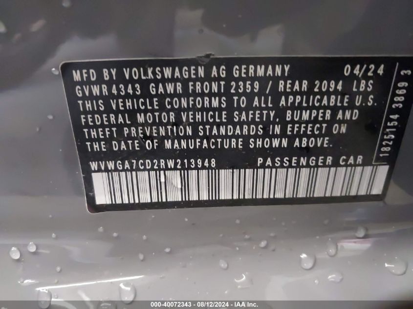 2024 Volkswagen Golf Gti 2.0T S VIN: WVWGA7CD2RW213948 Lot: 40072343