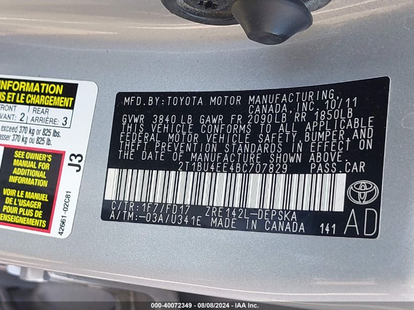 2011 Toyota Corolla S VIN: 2T1BU4EE4BC707829 Lot: 40072349