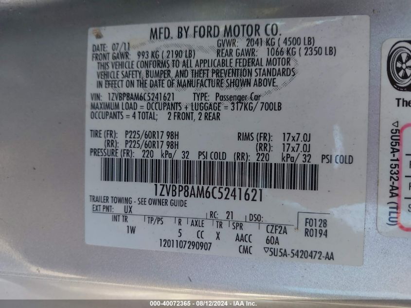 2012 Ford Mustang V6 VIN: 1ZVBP8AM6C5241621 Lot: 40072365